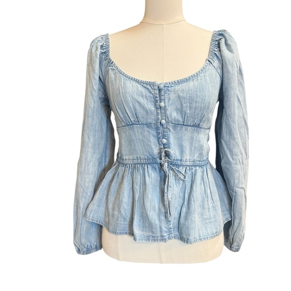 aerie Tops - Aerie Chambray Peplum Top S Blue Button Front Long Sleeve NWT